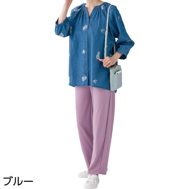 7分袖刺繍Ｔブラウス ブルー Ｍ～Ｌ