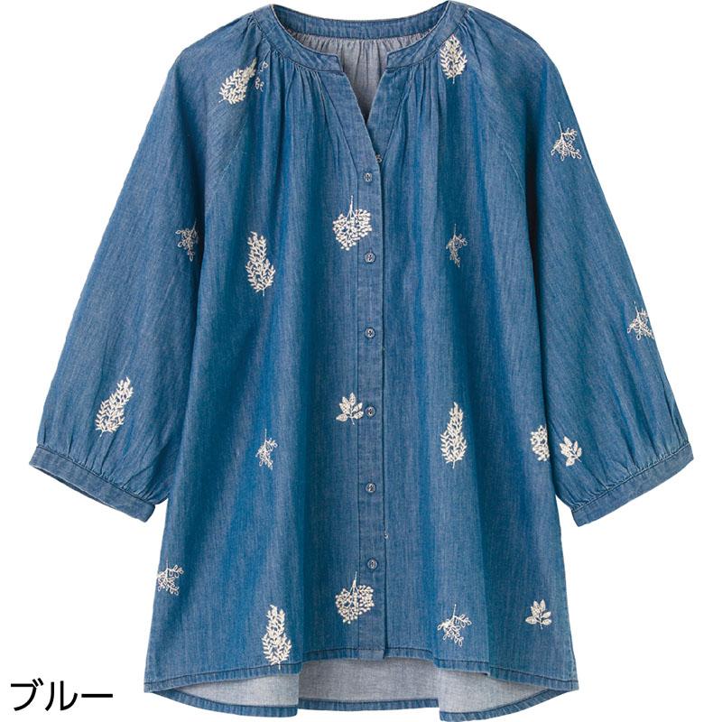7分袖刺繍Ｔブラウス ブルー Ｍ～Ｌ