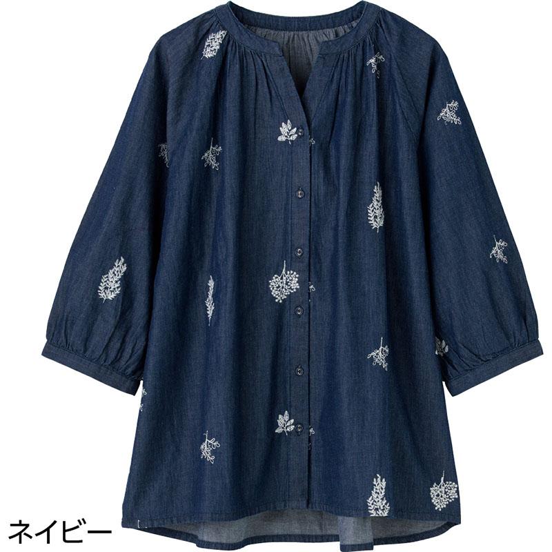 7分袖刺繍Ｔブラウス ネイビー Ｍ～Ｌ