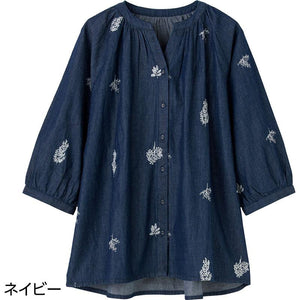 7分袖刺繍Ｔブラウス ネイビー Ｍ～Ｌ