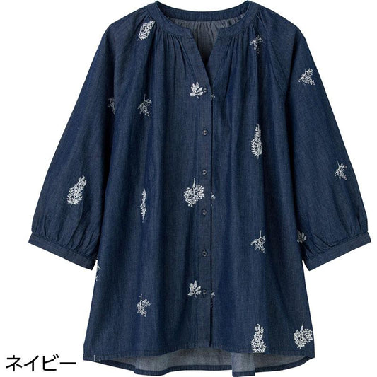 7分袖刺繍Ｔブラウス ネイビー Ｍ～Ｌ
