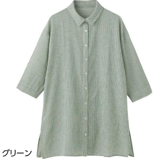 7分袖ストライプブラウス グリーン Ｍ～Ｌ