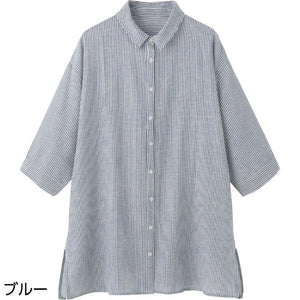 7分袖ストライプブラウス ブルー Ｍ～Ｌ