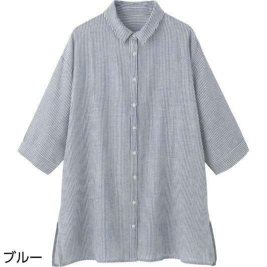 7分袖ストライプブラウス ブルー Ｍ～Ｌ