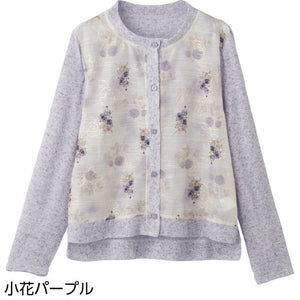 オーガンジー花柄切替カーディガン 小花パープル Ｍ～Ｌ