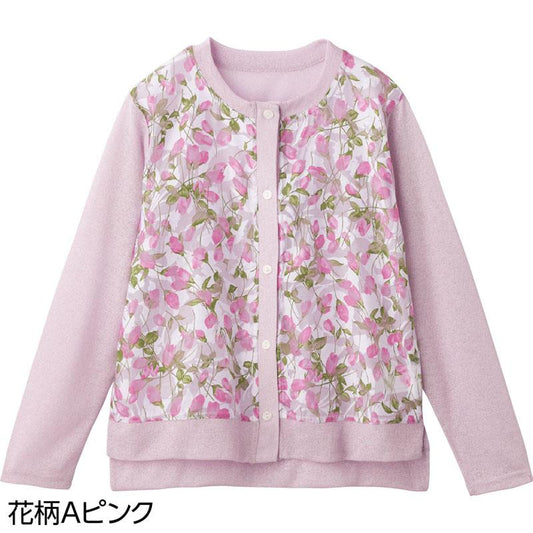 オーガンジー花柄切替カーディガン 花柄Ａピンク Ｍ～Ｌ