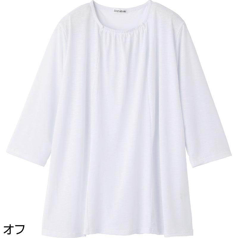 7分袖衿元ギャザーチュニック オフ Ｍ～Ｌ