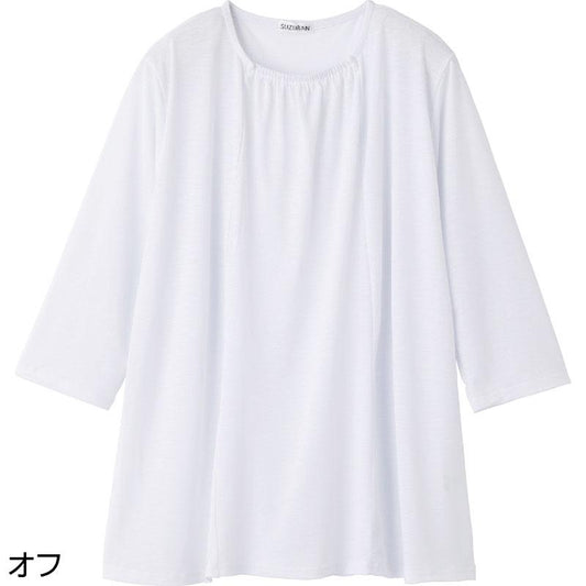 7分袖衿元ギャザーチュニック オフ Ｍ～Ｌ