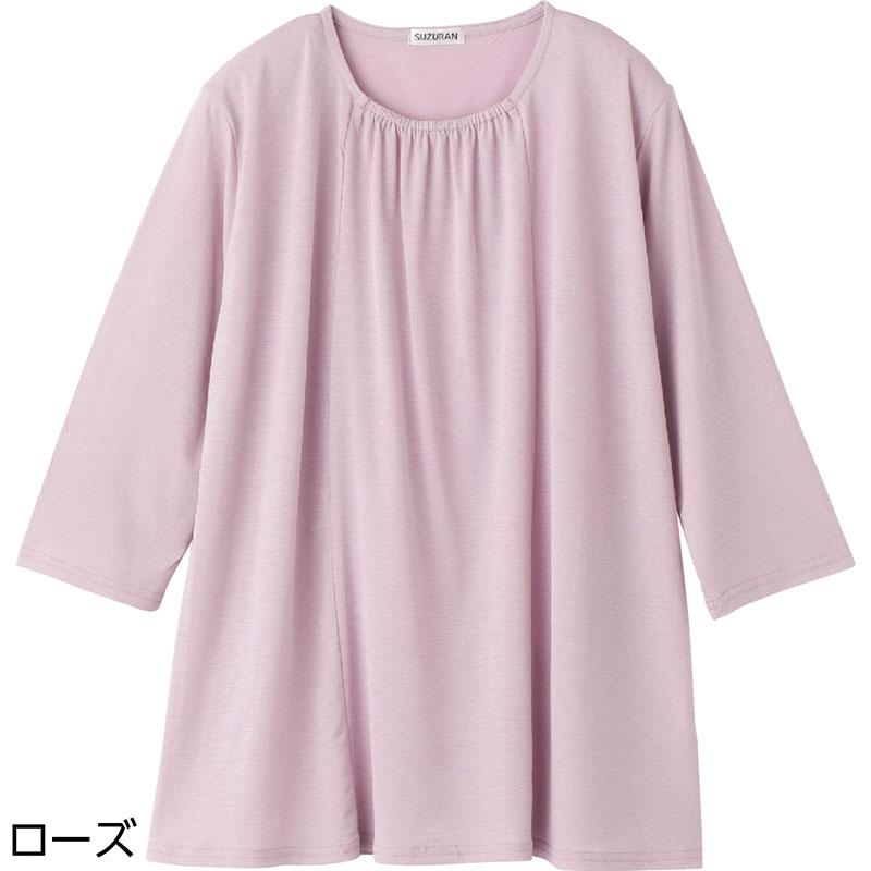 7分袖衿元ギャザーチュニック ローズ Ｍ～Ｌ