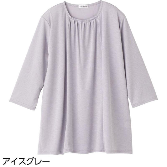 7分袖衿元ギャザーチュニック アイスグレー Ｍ～Ｌ