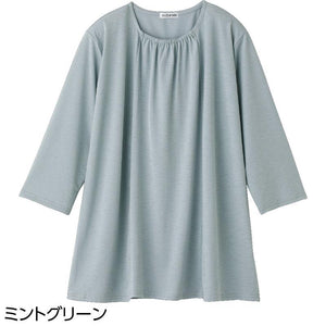 7分袖衿元ギャザーチュニック ミントグリーン Ｍ～Ｌ