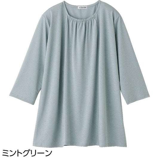 7分袖衿元ギャザーチュニック ミントグリーン Ｍ～Ｌ