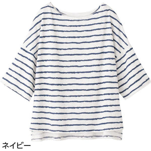 6分袖ゆったり綿混ボーダーＴシャツ ネイビー Ｍ～Ｌ