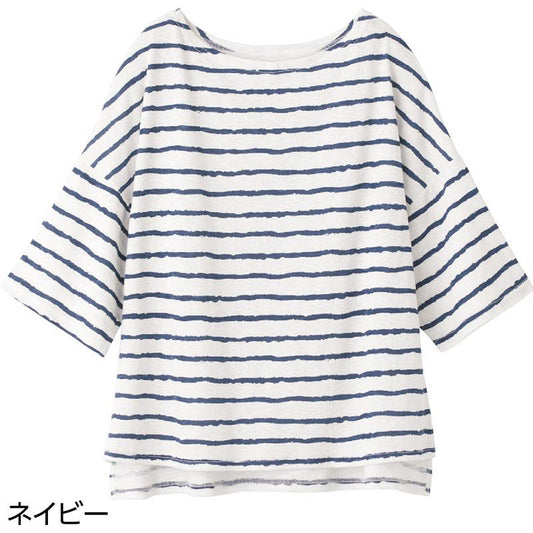 6分袖ゆったり綿混ボーダーＴシャツ ネイビー Ｍ～Ｌ