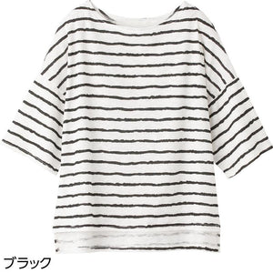 6分袖ゆったり綿混ボーダーＴシャツ ブラック Ｍ～Ｌ
