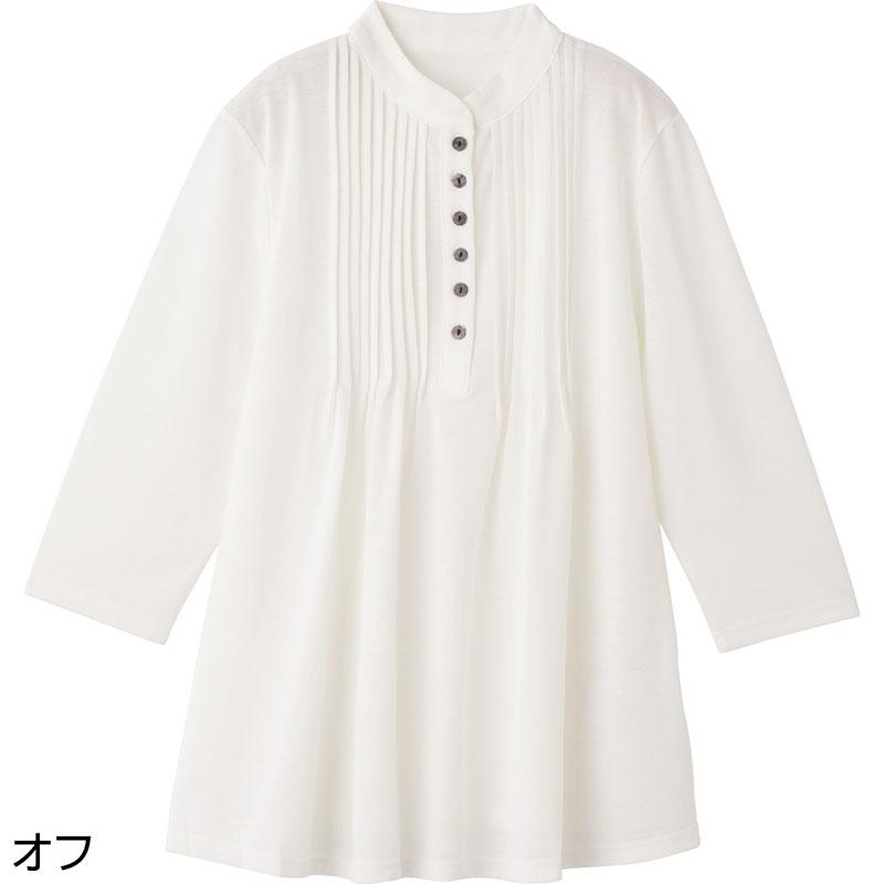 7分袖ピンタック半開チュニック オフ Ｍ～Ｌ