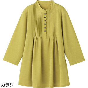 7分袖ピンタック半開チュニック カラシ Ｍ～Ｌ