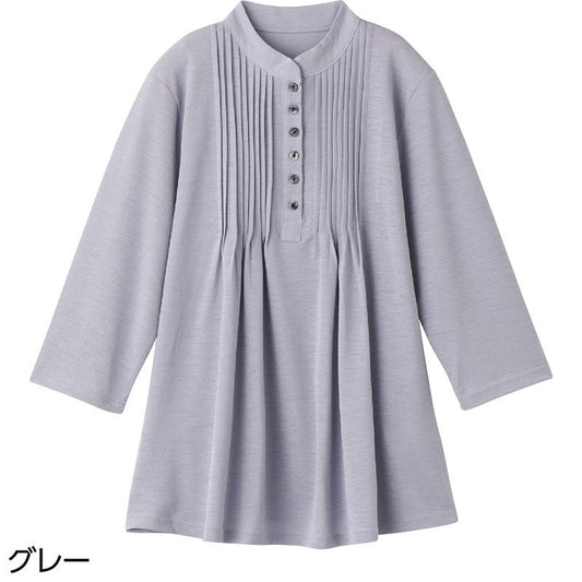 7分袖ピンタック半開チュニック グレー Ｍ～Ｌ