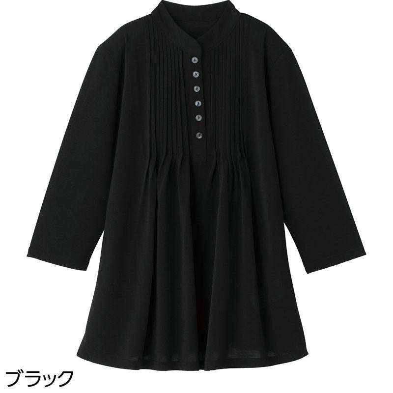 7分袖ピンタック半開チュニック ブラック Ｍ～Ｌ