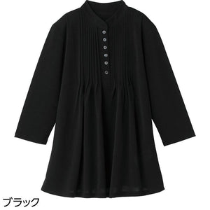 7分袖ピンタック半開チュニック ブラック Ｍ～Ｌ