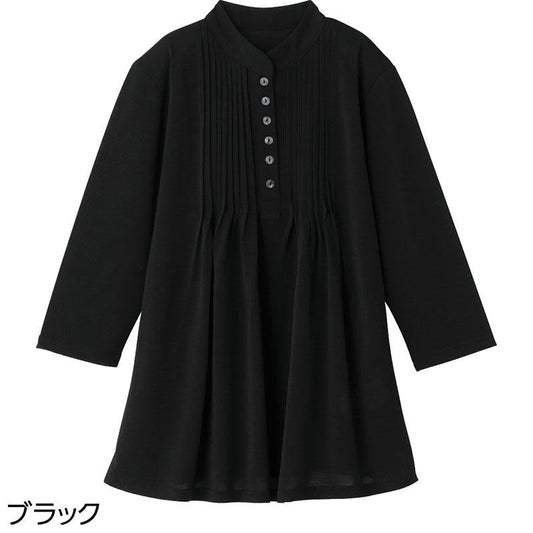 7分袖ピンタック半開チュニック ブラック Ｍ～Ｌ