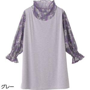 7分袖異素材切替チュニック グレー Ｍ～Ｌ
