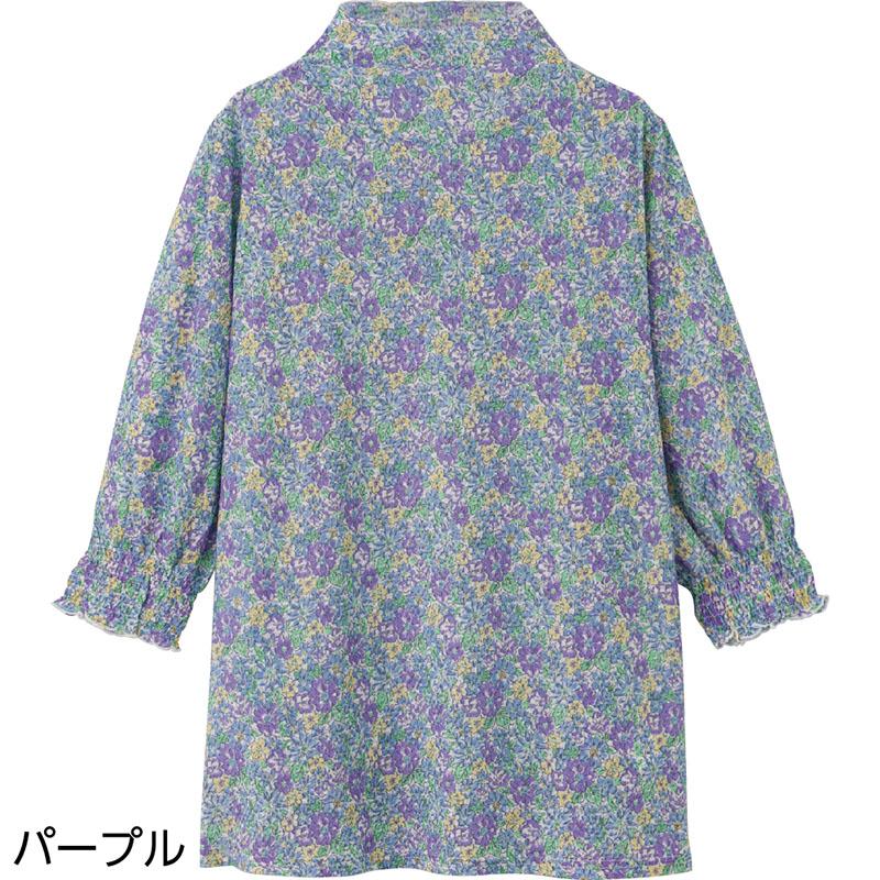 7分袖袖口シャーリングチュニック パープル Ｍ～Ｌ