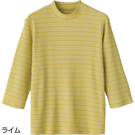 7分袖綿混ボーダーＴシャツ ライム Ｌ