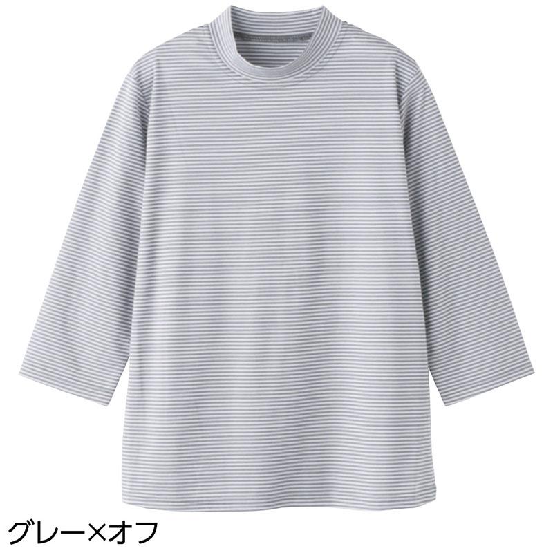 7分袖ボーダー柄ソフトＴシャツ グレー×オフ Ｓ