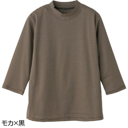 7分袖ボーダー柄ソフトＴシャツ モカ×黒 Ｓ