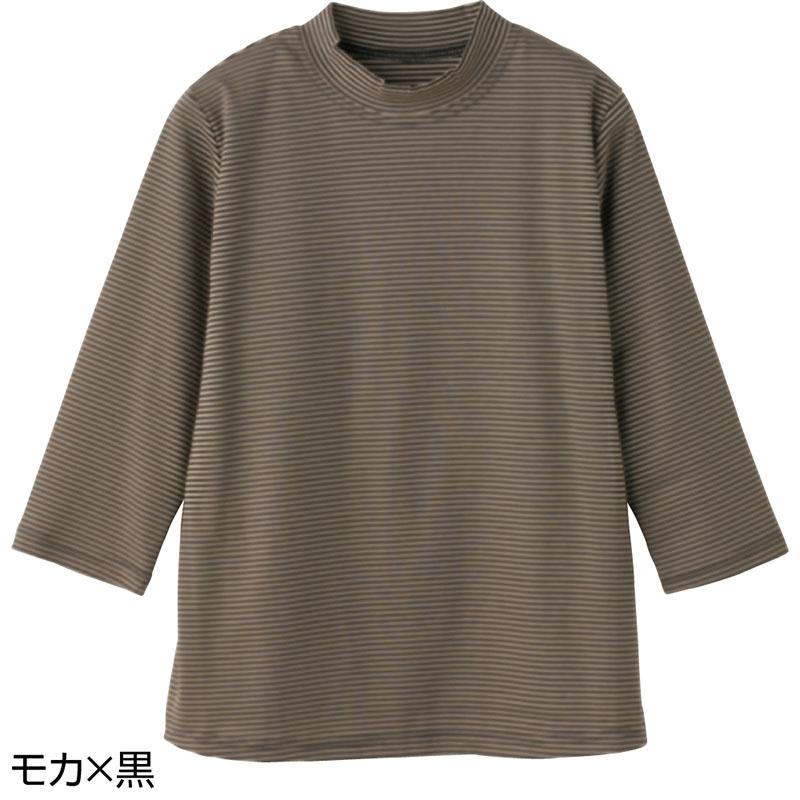 7分袖ボーダー柄ソフトＴシャツ モカ×黒 Ｌ