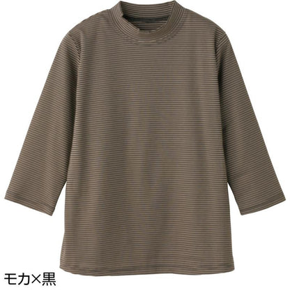 7分袖ボーダー柄ソフトＴシャツ モカ×黒 Ｌ