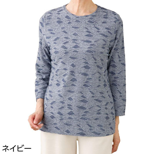 7分袖幾何柄ジャカードＴシャツ ネイビー Ｌ