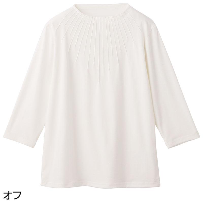 7分袖衿元ピンタックＴシャツ オフ ＬＬ