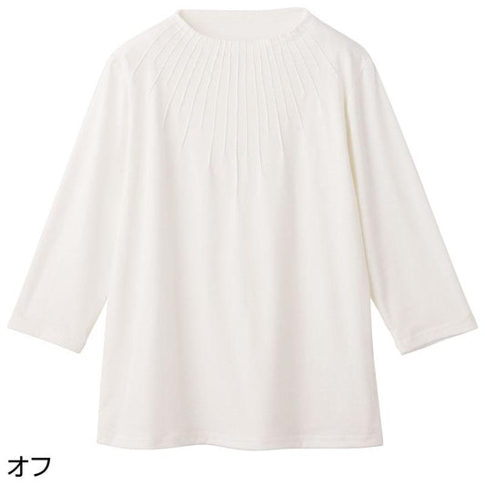 7分袖衿元ピンタックＴシャツ オフ ＬＬ