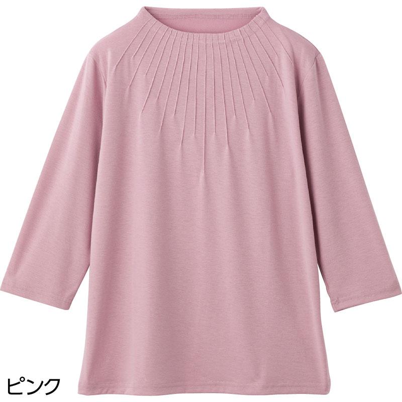 7分袖衿元ピンタックＴシャツ ピンク Ｍ～Ｌ