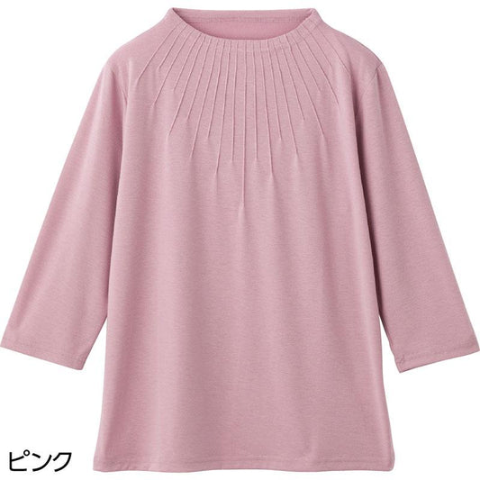 7分袖衿元ピンタックＴシャツ ピンク Ｍ～Ｌ