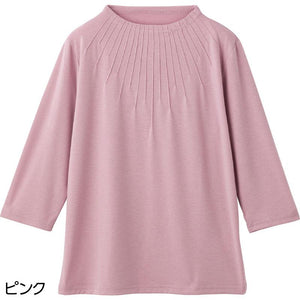 7分袖衿元ピンタックＴシャツ ピンク ＬＬ