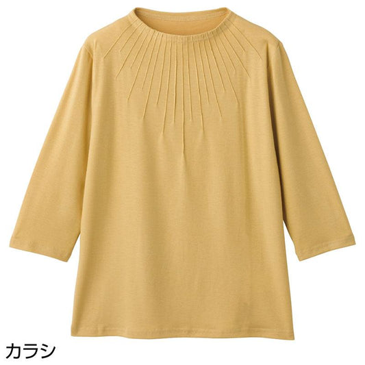 7分袖衿元ピンタックＴシャツ カラシ Ｍ～Ｌ