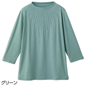 7分袖衿元ピンタックＴシャツ グリーン ＬＬ