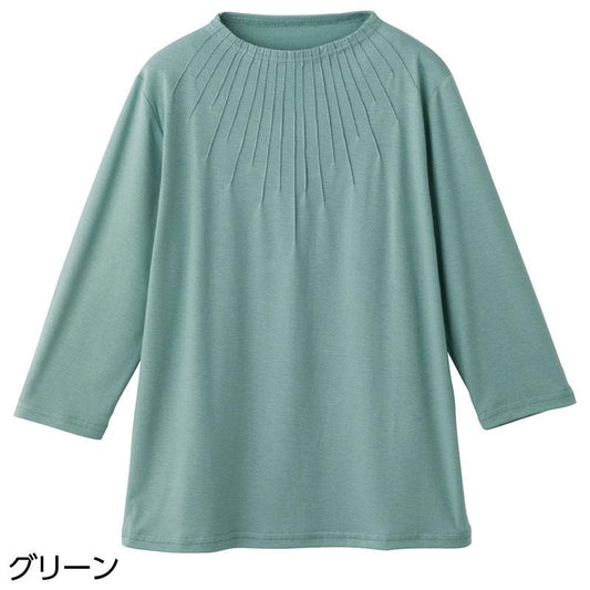 7分袖衿元ピンタックＴシャツ グリーン ＬＬ