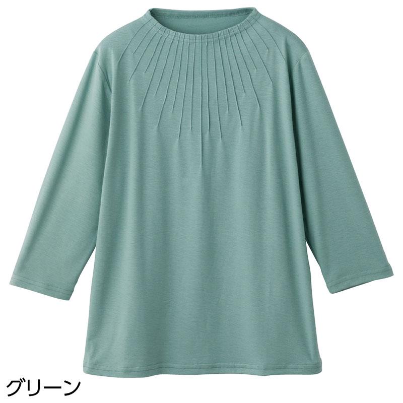 7分袖衿元ピンタックＴシャツ グリーン Ｍ～Ｌ