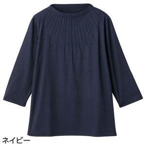7分袖衿元ピンタックＴシャツ ネイビー ＬＬ