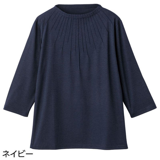 7分袖衿元ピンタックＴシャツ ネイビー ＬＬ