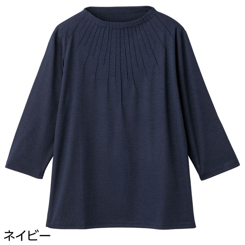 7分袖衿元ピンタックＴシャツ ネイビー Ｍ～Ｌ