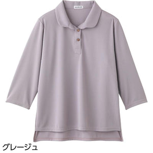 7分袖後ろ長め衿付Ｔシャツ グレージュ Ｍ～Ｌ