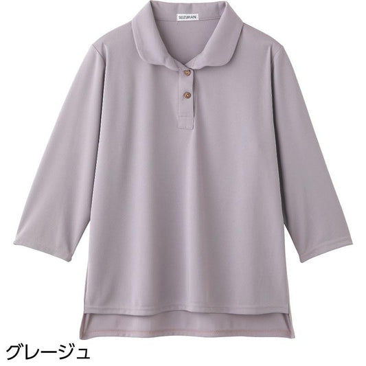 7分袖後ろ長め衿付Ｔシャツ グレージュ Ｍ～Ｌ