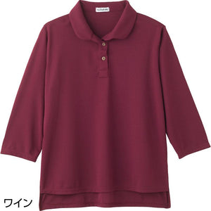 7分袖後ろ長め衿付Ｔシャツ ワイン Ｍ～Ｌ