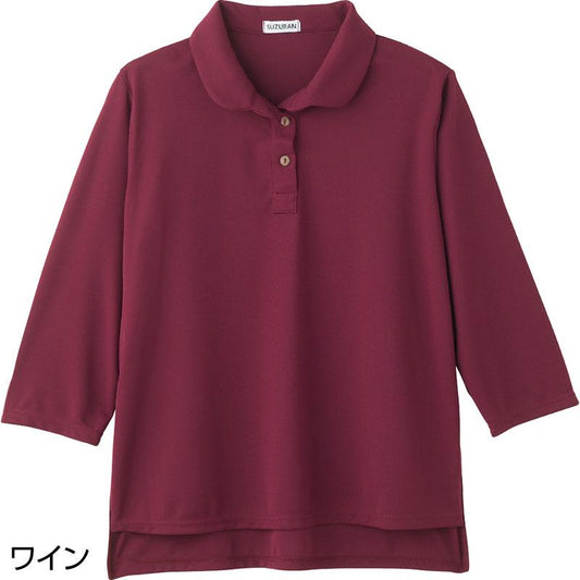 7分袖後ろ長め衿付Ｔシャツ ワイン Ｍ～Ｌ