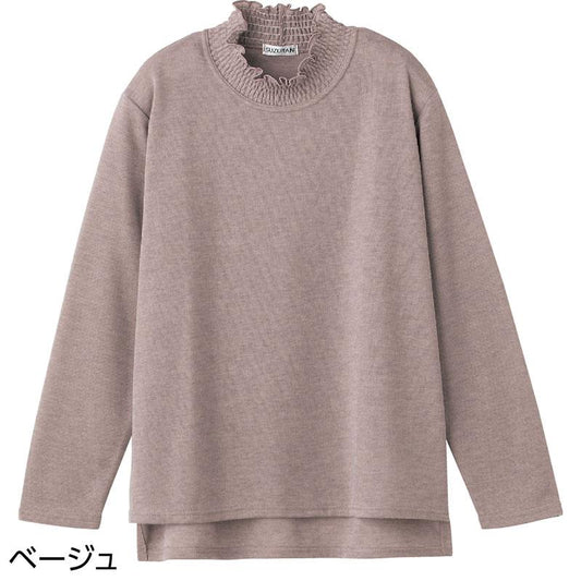 後ろ長め薄起毛シャーリング衿Ｔシャツ ベージュ Ｍ～Ｌ